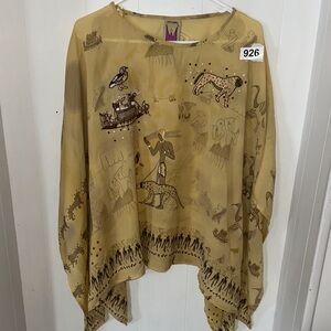 Vintage Elegant Beige Tunic with Artistic Print Poncho Egyptian inspired Large